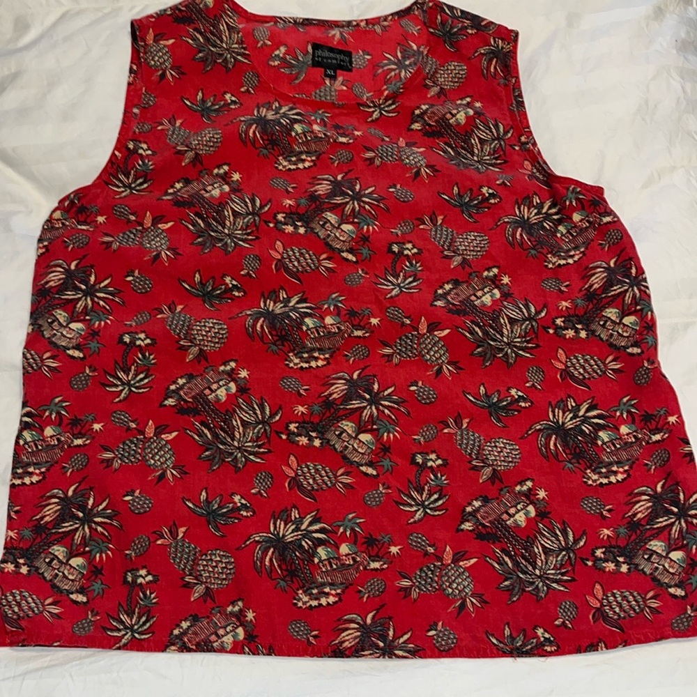 Philosophy Sleeveless Top Hawaiian Print Tiki Pineapple Red Sz XL 100% Tencel
